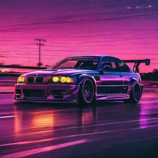 Prompt: 2001 BMW M3 E46 GTR, synthwave, aesthetic cyberpunk, miami, highway, dusk, neon lights, coastal highway, dusk, neon lights, coastal highway, sunset, drift, nurburgring, water on the road, blade runner, 64k, watercolor, macro sharp focus, 8, hyper realistic, cinematic, highly detailed, photoraelistic, clean, formula drift, burnout