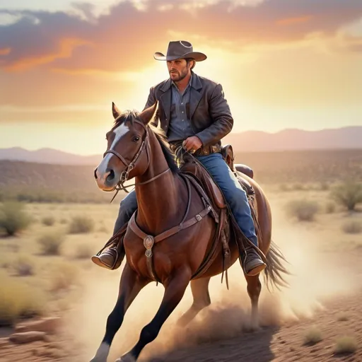 Prompt: a rider of the wild west riding his horse to save lost cowboys, sideways(going towards left), thunder, sunset, macro sharp focus, 8, hyper realistic, cinematic, highly detailed, photoraelistic, clean, 64k, watercolor, texas, california, speed, micro sharp focus