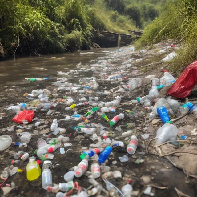 Prompt: extrimely polluted river with plastic botles and bags and trash, hiperealistic, in the wild