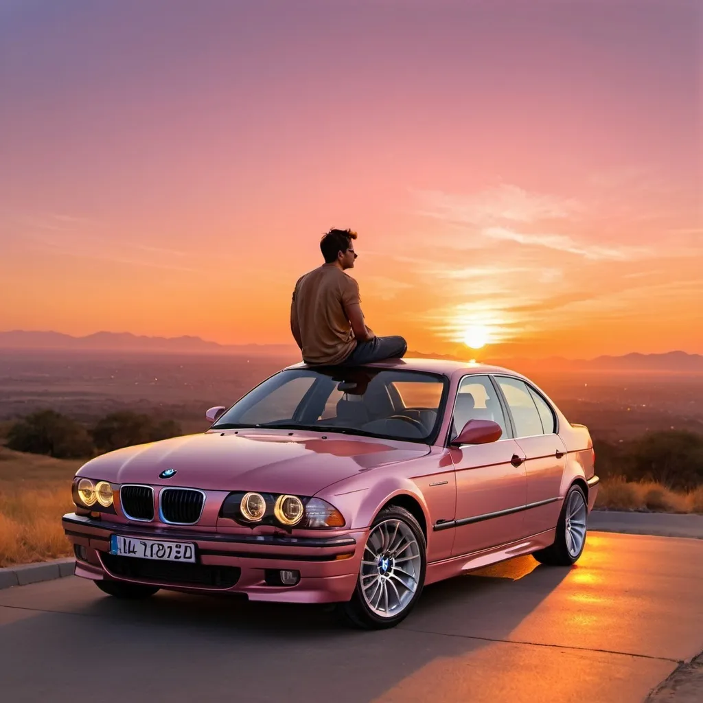 Prompt: sunset and a man siting on top of his car(bmw) 
(no plates)

shadow lighting
