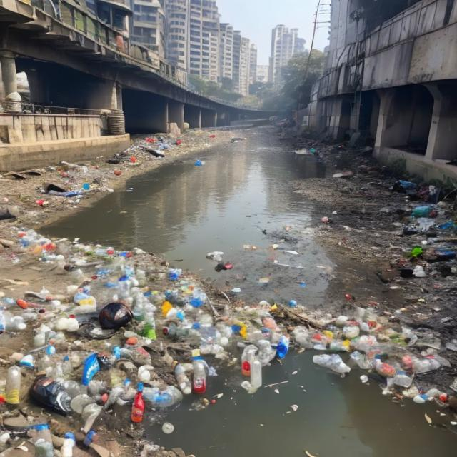 Prompt: extrimely polluted river with plastic botles and bags and trash, hiperealistic