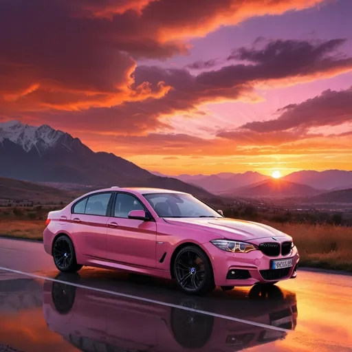 Prompt: sunset and a man siting in his car(bmw) 
(no plates)