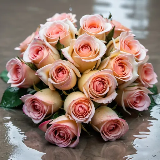 Prompt: bouquet of roses on the floor with water because of rain, centered, 64 macro