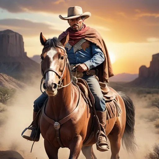 Prompt: a super heroe of the wild west riding his horse to save lost cowboys, thunder , sunset, macro sharp focus, 8, hyper realistic, cinematic, highly detailed, photoraelistic, clean, 64k, watercolor