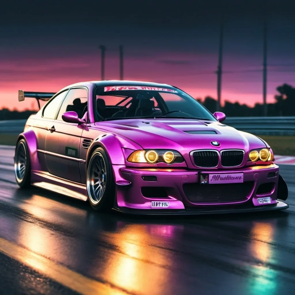Prompt: 2001 BMW M3 E46 GTR, synthwave, aesthetic cyberpunk, miami, highway, dusk, neon lights, coastal highway, dusk, neon lights, coastal highway, sunset, drift, nurburgring, water on the road, blade runner, 64k, watercolor, macro sharp focus, 8, hyper realistic, cinematic, highly detailed, photoraelistic, clean, formula drift, burnout, front view, nordschleife, clear