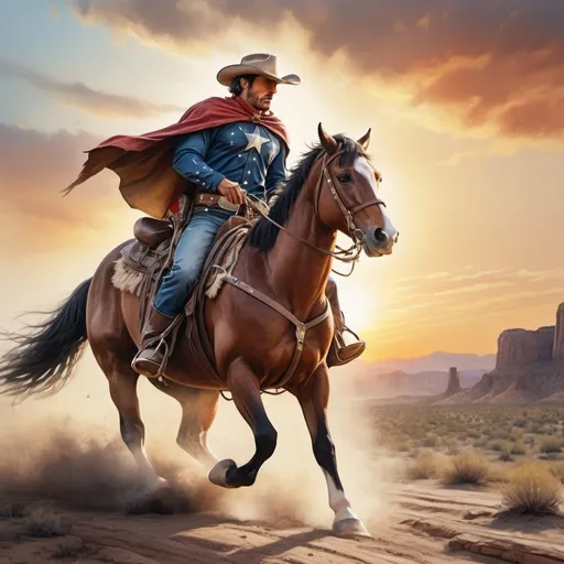 Prompt: a super heroe of the wild west riding his horse to save lost cowboys, thunder , sunset, macro sharp focus, 8, hyper realistic, cinematic, highly detailed, photoraelistic, clean, 64k, watercolor