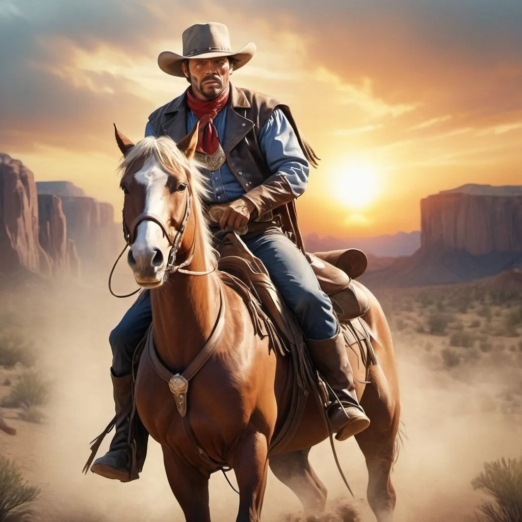 Prompt: a superheroe of the wild west riding his horse to save lost cowboys, thunder , sunset, macro sharp focus, 8, hyper realistic, cinematic, highly detailed, photoraelistic, clean, 64k, watercolor