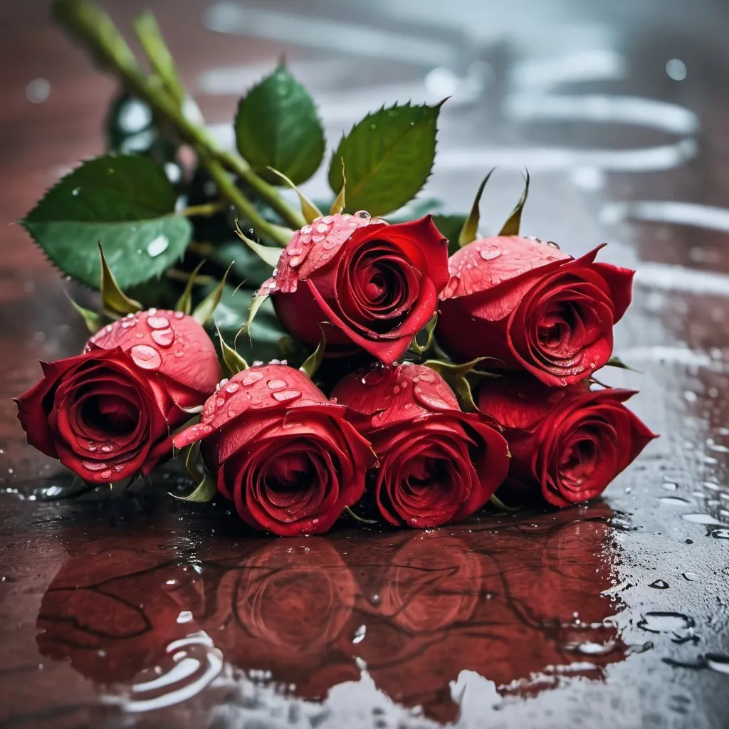 Prompt: bouquet of red roses on the floor with water because of rain, 64 macro, emotional