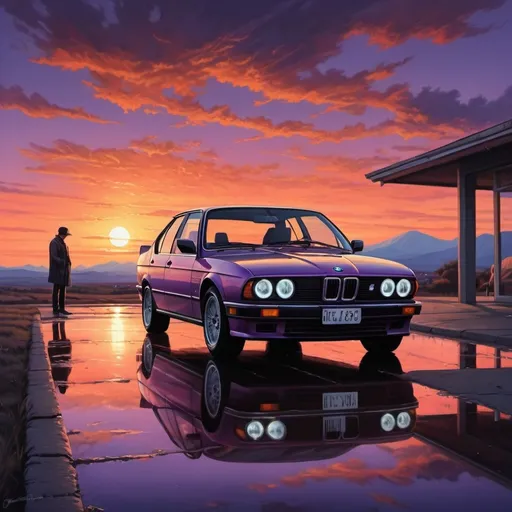 Prompt: The image depicts a nostalgic scene set during a breathtaking sunset, with deep, vibrant hues of orange, purple, and pink dominating the sky. The clouds are thick and dramatic, capturing the light of the setting sun, which appears low on the horizon, partially obscured by the landscape in the distance.

In the foreground, there's a vintage BMW E28 car, beautifully detailed with reflections of the sunset on its sleek, polished surface. The car's headlights are glowing, casting a warm, inviting light. The license plate is marked with the number "Sam-88" adding a touch of realism to the scene. 

A lone figure, possibly reflecting or enjoying the view, is sitting casually on the hood of the car, silhouetted against the vibrant sky. The ground beneath is wet, creating a mirror-like reflection that enhances the surreal, almost dreamlike quality of the image.

The artistic style is highly realistic, yet infused with a sense of romanticism and nostalgia. The use of lighting and color is reminiscent of traditional oil paintings, with rich textures and a focus on atmosphere and emotion. The overall mood of the image is serene and contemplative, capturing a moment of quiet reflection at the close of the day.

Cyberpunk, drawing style, synthwave

a man sitting outside next to the car contemplating life(shadow(siluet man)(light from infront))