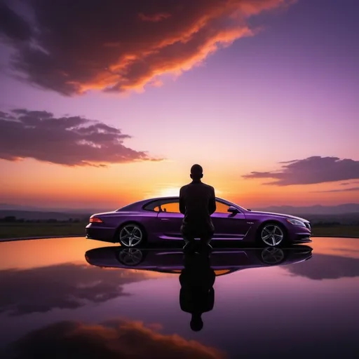 Prompt: sunset and a man siting in his car 
