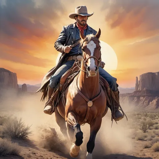 Prompt: a superheroe of the wild west riding his horse to save lost cowboys, thunder, sunset, macro sharp focus, 8, hyper realistic, cinematic, highly detailed, photoraelistic, clean, 64k, watercolor, sideways