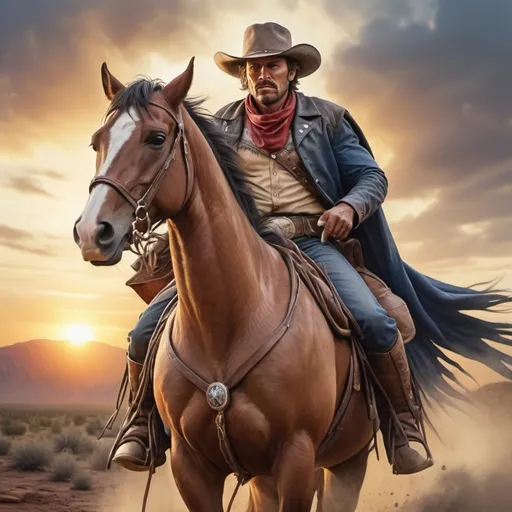 Prompt: a superheroe of the wild west riding his horse to save lost cowboys, thunder , sunset, macro sharp focus, 8, hyper realistic, cinematic, highly detailed, photoraelistic, clean, 64k, watercolor
