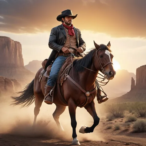 Prompt: a super heroe of the wild west riding his horse to save lost cowboys, thunder , sunset, macro sharp focus, 8, hyper realistic, cinematic, highly detailed, photoraelistic, clean