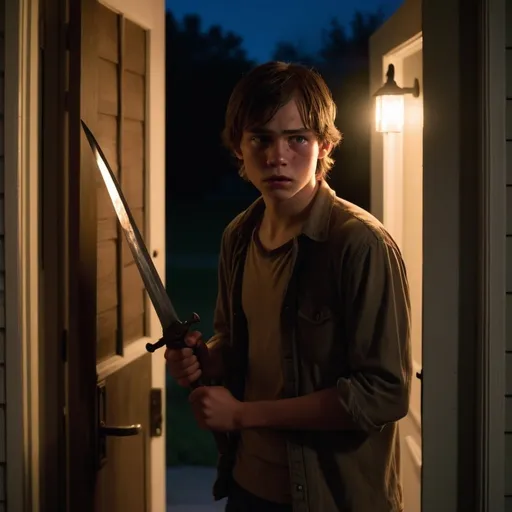 Prompt: Medium shot of Carl cautiously opening the door, a beautiful young man with a makeshift weapon in hand, his expression a mix of wariness and concern. The porch light casts a soft glow on Carl's youthful features as he faces the Zombrid, its half-human visage contrasting starkly with his own beauty, pleading desperately for blood.