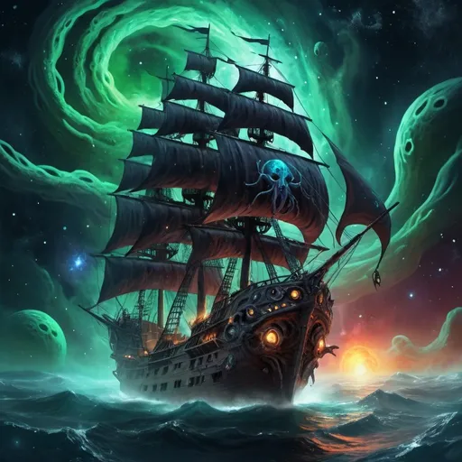 Prompt: Eldritch pirate in space, digital painting, tentacled face with glowing eyes, cosmic background with swirling nebulae, otherworldly ship with eldritch design, eerie lighting, high quality, cosmic horror, space pirate, tentacled face, glowing eyes, eldritch design, eerie lighting, cosmic background, swirling nebulae, otherworldly ship, digital painting, highres