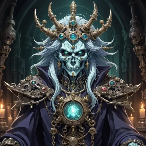 Prompt: Anime illustration of a lich, fantasy setting, detailed facial features, intricate machinery, magical artifacts, high quality, anime, fantasy, detailed hair, workshop, tinkerer, intricate machinery, magical artifacts, professional, atmospheric lighting
