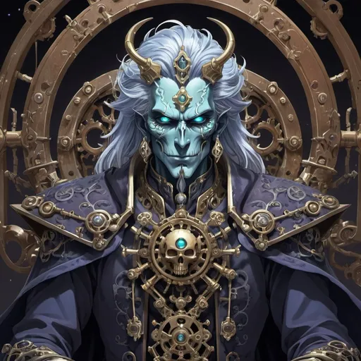 Prompt: Anime illustration of a male lich, fantasy setting, detailed facial features, intricate machinery, magical artifacts, high quality, anime, fantasy, detailed hair, workshop, tinkerer, intricate machinery, magical artifacts, professional, atmospheric lighting