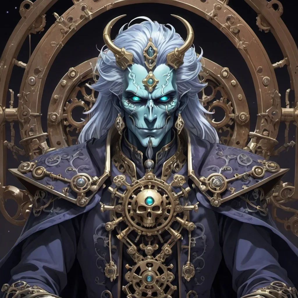 Prompt: Anime illustration of a male lich, fantasy setting, detailed facial features, intricate machinery, magical artifacts, high quality, anime, fantasy, detailed hair, workshop, tinkerer, intricate machinery, magical artifacts, professional, atmospheric lighting