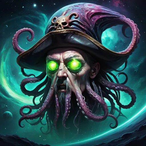 Prompt: Eldritch pirate in space, digital painting, tentacled face with glowing eyes, cosmic background with swirling nebulae, otherworldly ship with eldritch design, eerie lighting, high quality, cosmic horror, space pirate, tentacled face, glowing eyes, eldritch design, eerie lighting, cosmic background, swirling nebulae, otherworldly ship, digital painting, highres