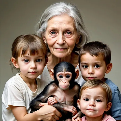 Prompt: Realistic picture of an old woman with a 12 year old daughter, a 3 year old daughter, a 10 year old son, and a baby monkey