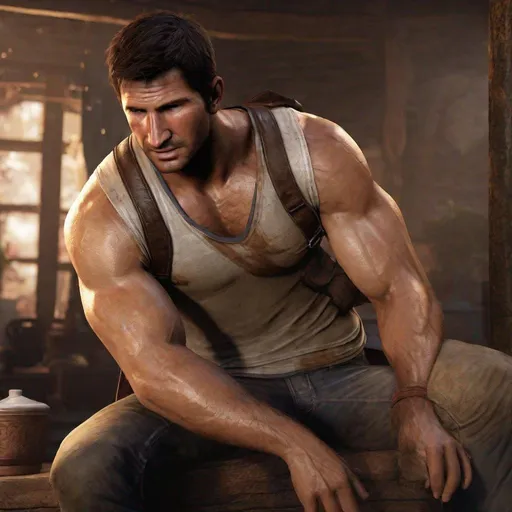 Prompt: Nathan Drake (uncharted 4 A thief's end game series)  4k, high quality, hyperrealistic, extreme detail, photograph, man, hairy, muscular, engorged muscles, muscular physique, flexing both biceps hairy arms, hairy abs, hairy body, steroids, bodybuilder, hairy chest, chest hair, body hair, arms raised, sweating, sitting on a log, forest, serious expression, looking at the camera, sunny, defined biceps, muscular shoulders, V-taper, A V-Taper can be defined as the width of the shoulders compared to the narrowness of the waist