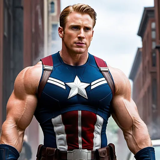 Prompt: Steve Rogers, powerful, presence, physique, charisma, acting, legendary, hero, exciting, iconic, character, portrayal, fit, great, role, action-packed, cinematic, dilf, handsome, Adonis, muscular, defined biceps, bara art, bodybuilder,