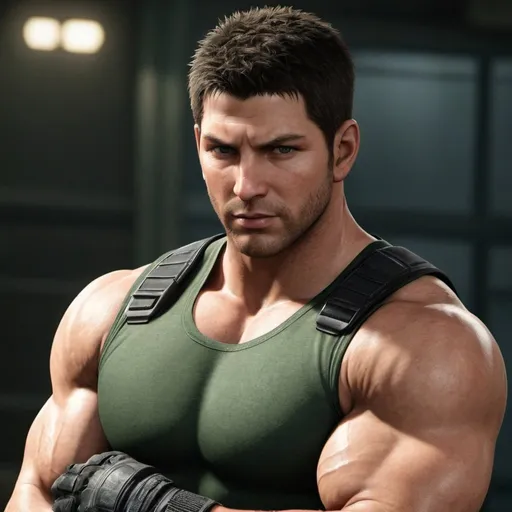 Prompt: Chris Redfield, powerful, presence, physique, charisma, acting, legendary, hero, exciting, iconic, character, portrayal, fit, great, role, action-packed, cinematic, dilf, handsome, Adonis, muscular, defined biceps,