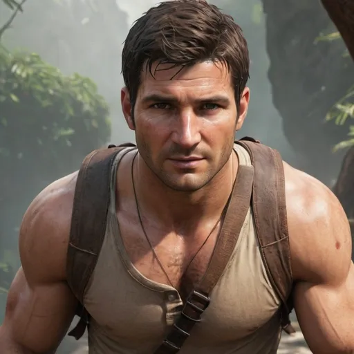 Prompt: Nathan Drake, powerful, presence, physique, charisma, acting, legendary, hero, exciting, iconic, character, portrayal, fit, great, role, action-packed, cinematic, dilf, handsome, Adonis, muscular, defined biceps,