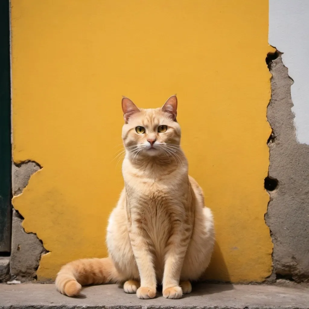 Prompt: foto de gato amarelo com pintas grandes pretas encima de um muro
