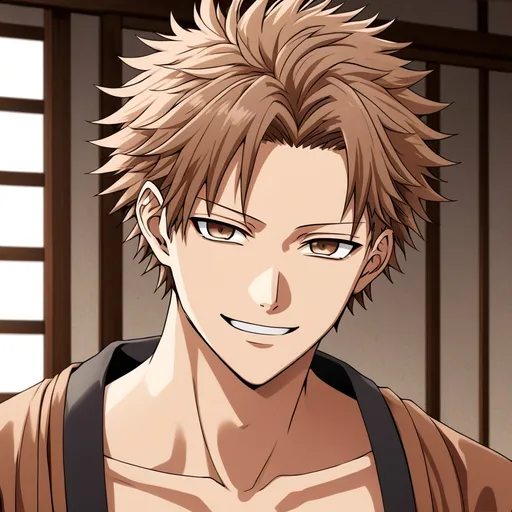 Prompt: anime, detailed, messy brown hair, young man, brown eyes, soft brown eyes, softly smiling, natural fair skin tone,very detailed, jujutsu kaisen style, medium length messy hair