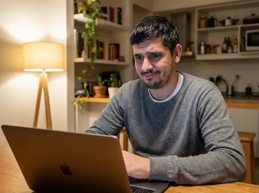 Prompt: A super realistic amateur-style photo of an Argentinian father in his early 30s. He has short dark brown hair, light natural stubble, expressive warm brown eyes, and a slightly tanned Latin skin tone. His face includes natural imperfections: faint eye bags, soft smile lines, visible pores, and light beard shadow. He looks humble, relatable, and trustworthy. Medium athletic build.

He is sitting at a wooden table with an open laptop in front of him, captured in a casual real-life moment. He has a slightly frustrated but humorous expression on his face — like he is dealing with something annoying but is still able to laugh about it. The expression feels real, candid, and naturally human, not exaggerated.

Clothing: casual everyday homewear different from previous prompts — a simple long-sleeve sweater or a casual zip-up jacket over a t-shirt, neutral colors (gray, beige, navy). Realistic wrinkles and texture, nothing fashionable or stylized.

Lighting: warm indoor lighting from a lamp or window, creating soft shadows and a cozy domestic atmosphere. Natural color tones, no cinematic artificial glow.

Environment: a normal modern Argentinian apartment, slightly cluttered with everyday objects. Softly blurred background: shelves, plants, books, or kitchen elements. Feels like a real lived-in home, not a studio or staged environment.

Camera style: real smartphone camera (iPhone / Xiaomi / Samsung), slightly imperfect exposure, natural grain, real-life white balance. Medium depth of field. Absolutely no glossy HDR, no studio lighting, no airbrushed skin. Just a genuine amateur photograph.

Mood: warm, human, down-to-earth, relatable — a father dealing with life, tech, and family responsibilities with humor.

IMPORTANT:
- Keep this exact face identity (same age, same features, same proportions) across all generations.
- Maintain the realistic amateur aesthetic.
- Avoid stylization, anime, 3D, oversharp, or editorial looks.

Ultra detailed, super realistic, amateur real-life photograph.

