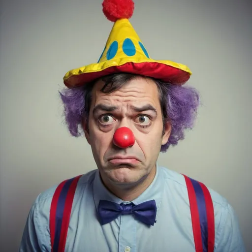 Prompt: A man feeling upset that he has to dress up in a funny hat and clown costume