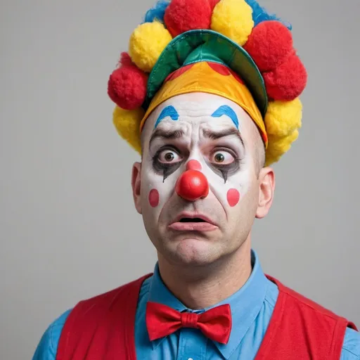 Prompt: A man feeling upset that he has to dress up in a funny hat and clown costume