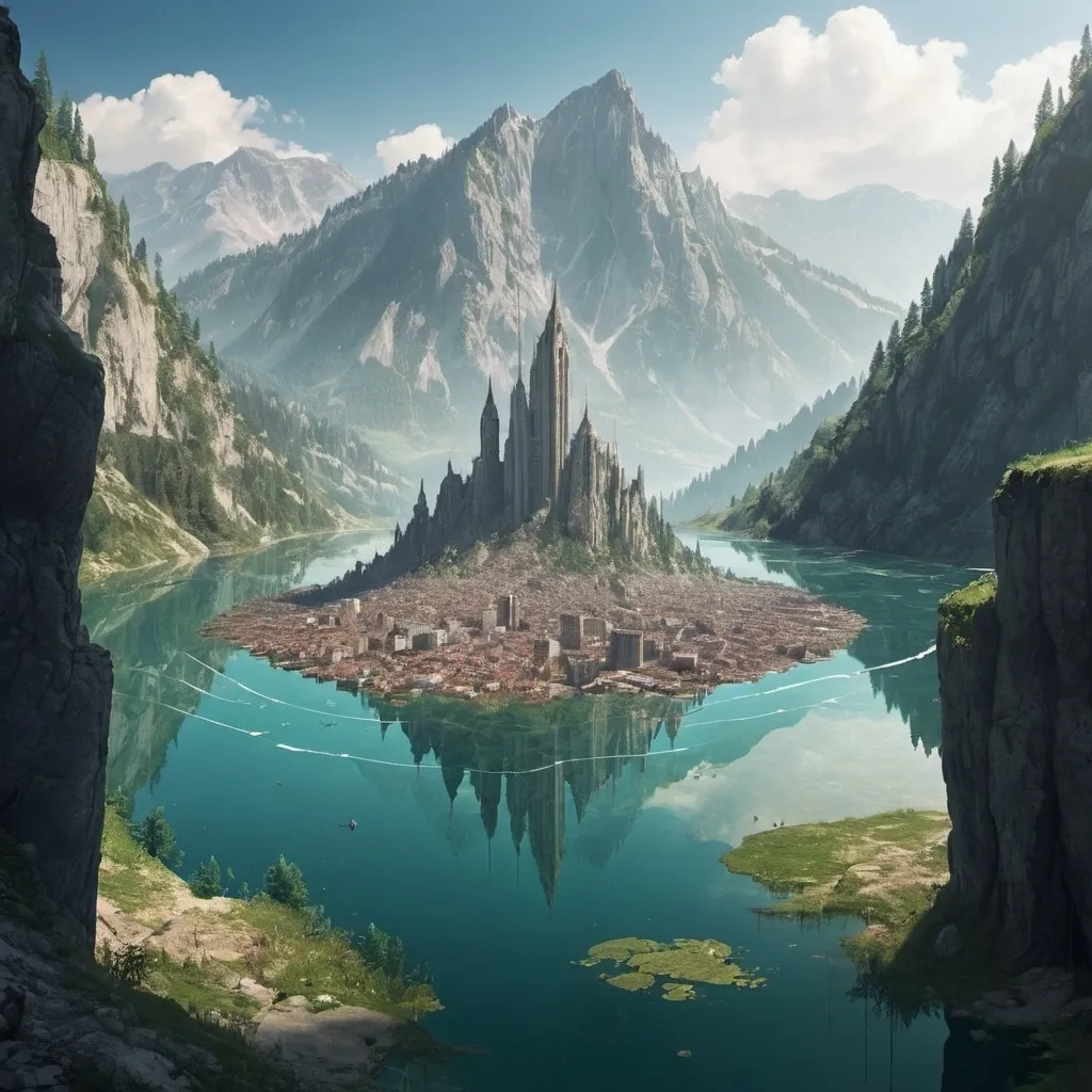 Prompt: a city sunken in a mountain lake