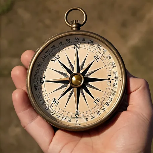 Prompt: a compass held in a hand with a country style, antique with indication pointing WEST , 