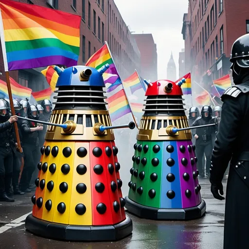 Prompt: Pro LGBT Dalek in front of white racist riot