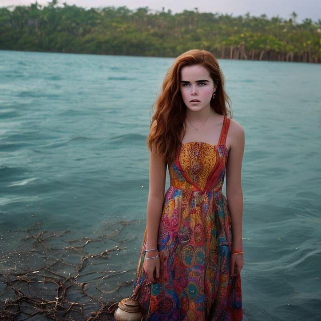 Prompt: a 22 year old girl that looks like zoey deutch, facing out at the ocean wearing  a colorful Indian summer dress, with her feet in the water holding a 6 inch small urn in one hand and spreading ashes towards the ocean with her other hand, with mangroves forest in the back ground in the Andaman islands on a sunny day.  