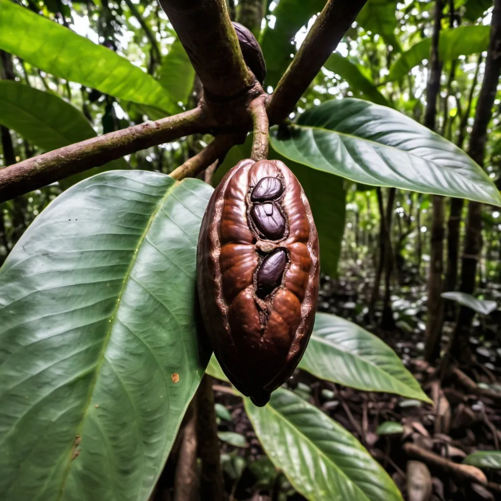 Prompt: A cacao bean in the Amazonian forest with the logo Chokoriente