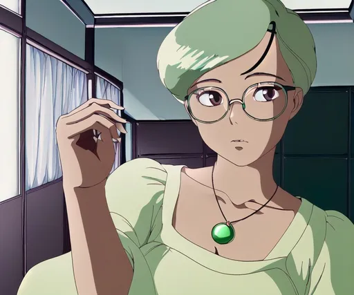 Prompt: With a serene expression, a young woman poses confidently, slightly tilting her head to one side while pressing her hand against her ear as if listening intently. Her dark, short hair is gently styled, and she wears large, round glasses that accentuate her gaze. Adorned in a light green top embellished with shimmering beads, she showcases a delicate necklace featuring a small, dark pendant. The setting appears to be indoors, with soft, natural light illuminating her from above, creating a warm and inviting atmosphere. The overall mood emanates a mix of playfulness and tranquility, encouraging a sense of connection.