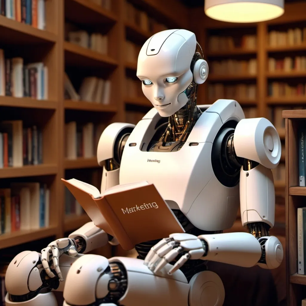 Prompt: i would like a picture of a human like robot with friendly face reading a book. on the cover of the book please write marketing.