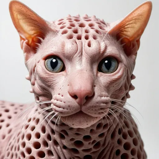 Prompt: Create the most intense photorealistic trypophobia image of a giant hairless cat.

Make the holes small and put larvae in them. Show most of the cat 