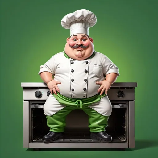 Prompt: cartoon caricature fat chef with beret sitting on the oven green background 
full body