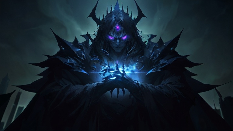 Prompt: “The Digital Dark King, a dark sorcerer who has harnessed the power of ancient technology, seeks to conquer the cities and bend them to his will. With his monstrous minions, he poses a grave threat to all who stand in his way.” 
Visual Aspects:  
Close-up: Focus on the Digital Dark King’s face. 
Dynamic Angles: Low-angle shots. 
Lighting: Dark and eerie lighting.