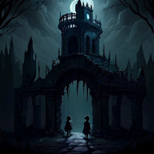 Prompt: Fantasy illustration of 2 kids in a scary place, dark and eerie atmosphere, high quality, detailed fantasy style, misty and haunting background, ancient ruins, mystical creatures lurking, scared expressions, moonlit night, magical elements, intense shadows, mysterious, haunting, fantasy, detailed characters, atmospheric lighting