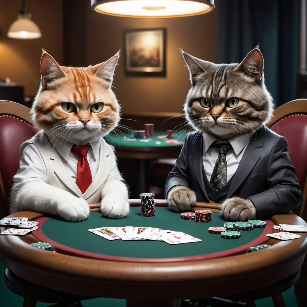 Prompt: two canadian cats are sitting at a card table playing poker.  Both cats are cheating