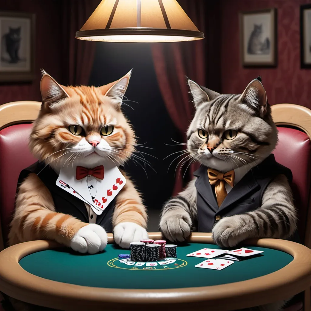 Prompt: two canadian cats are sitting at a card table playing poker.  Both cats are cheating
