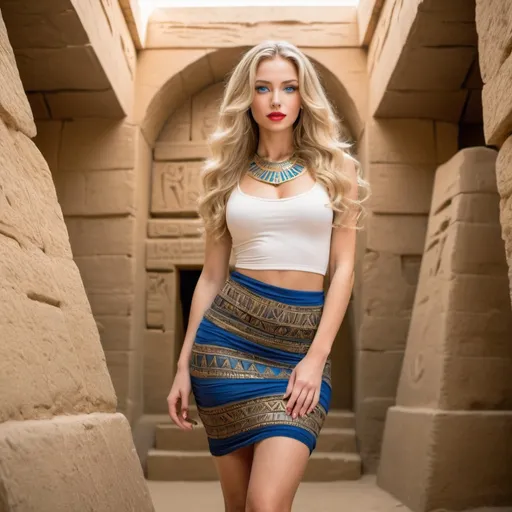 Prompt: A beautiful woman with long wavy blonde hair and full lips and long legs and blue eyes in an tight skirt in an egyptian pyramid