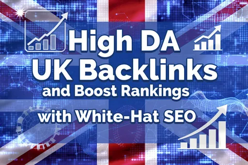 Prompt: Professional Fiverr gig banner for SEO service — theme: UK Backlinks. Background: modern digital marketing design with UK flag elements subtly blended. Main text in bold, clean fonts: High DA UK Backlinks and Boost Rankings with White-Hat SEO. Include icons of SEO growth, backlinks, and a graph going up. Colors: blue, red, and white (UK inspired). Clean, eye-catching, professional style.