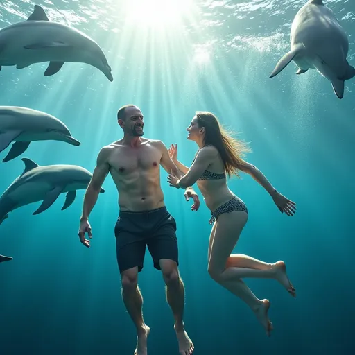 Prompt: Realism style image of a man and woman swimming in a turquoise ocean, surrounded by playful dolphins, vibrant colors illuminating the underwater scene, sun rays breaking through the water, capturing a joyful and carefree mood, bubbles shimmering in the sunlight, ultra-detailed and high quality, evoking a sense of harmony with nature and adventure.