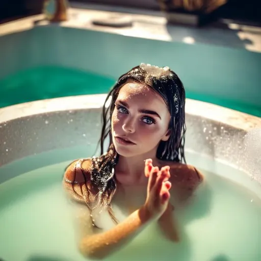 Prompt: hot  girl in a bath with no soap or bubbles and crystal-clear water 

